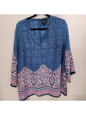 Cynthia Rowley Womens 2X Blue & Pink Paisley Tunic Top With V-Neck & 3/4 Sleeves